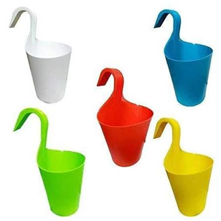 Abasr Hanging Planters for Plants Railing Flower Pots, Balcony Railing Vertical Hook for Home Gardening, Unbreakable Plant Container Set (Pack of 5, Plastic)