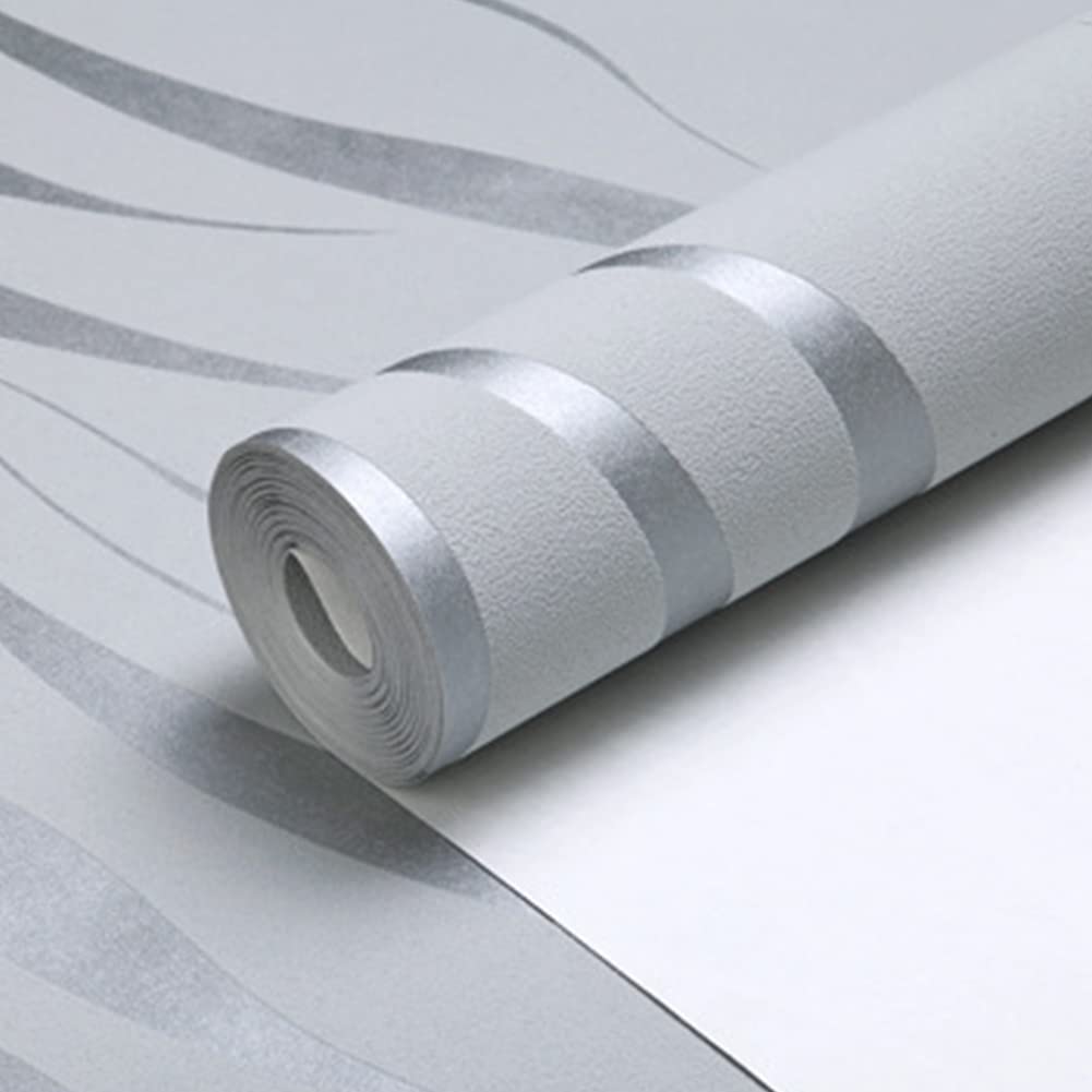 Warmiehomy Non-Woven Wallpaper Textured 3D Flocking Embossed Wallpapers 53cm x 9.5m Wave Stripes Wall Paper Roll for Living Room Bedroom