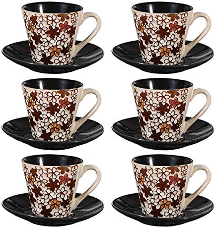 Set of 6 Ceramic Espresso Cup & Saucer Cups & Saucers Tableware Coffee Dining Embossed Floral Pattern New Gift (Set of 6 Beige)