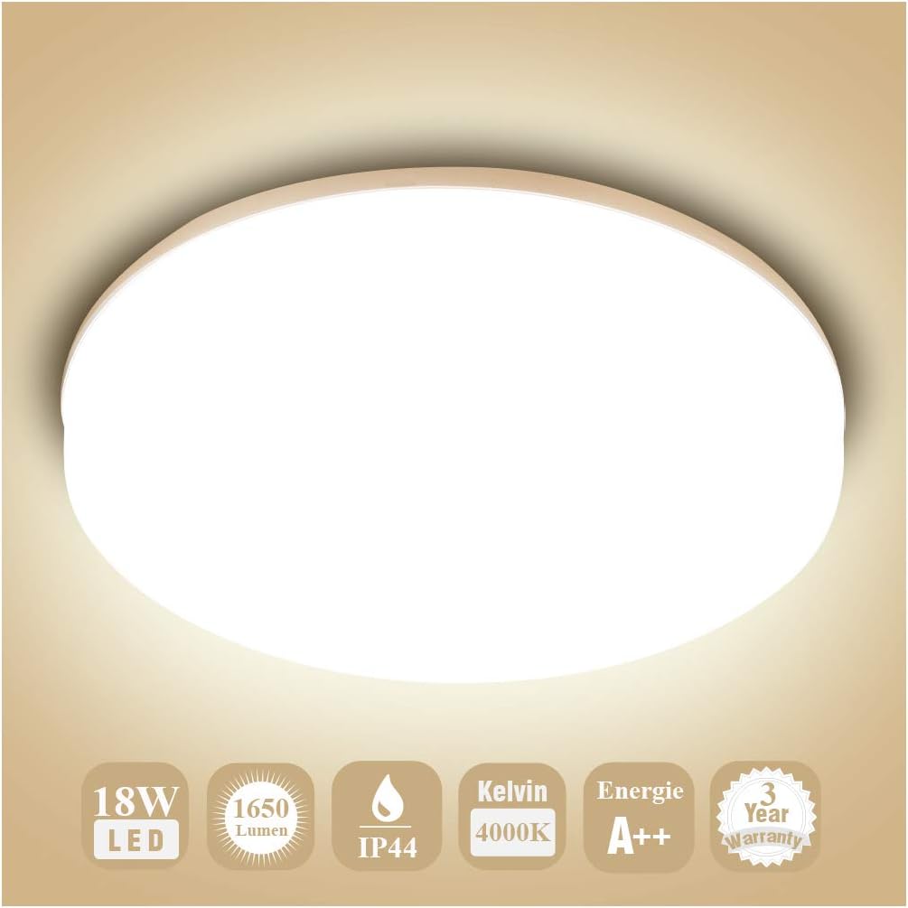 Öuesen LED Ceiling Lights Waterproof IP44 18W 1650LM Natural White 4000K Modern Lighting Ceiling Lamp Thin Round Ceiling Light for Bathroom Kitchen Bedroom Dining Room Living Room Balcony Corridor