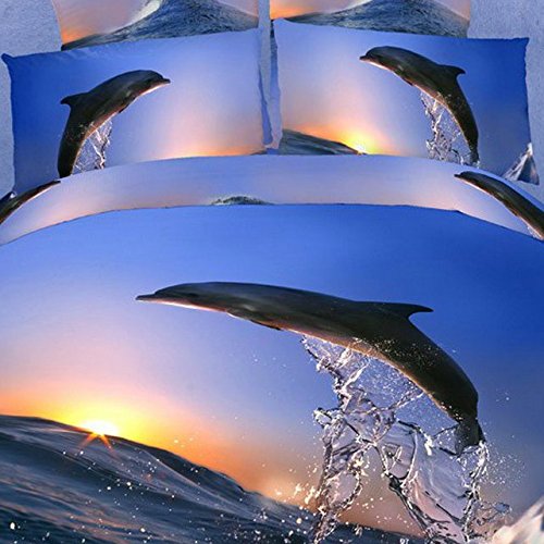Ammybeddings Cute 3D Blue Dolphin Bedding Sets Twin,100% Cotton 400 Thread Count Duvet Cover Sets Blue Twin 4 Piece,Cute Home Decoration Animal Bedding