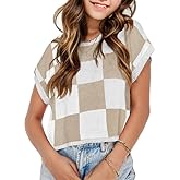 Putysenxi Girls Spring Crop Tops 2026 Summer Sweaters Cute Cap Sleeve Colorblock Loose Teen Top School Picture Outfits