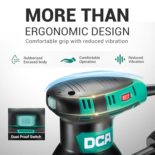 DCA Random Orbital Sander, 300W 12000 OPM Electric Sander with Dust Collection, 125MM Hand Electric Tool, 6 Variable Speeds, 10pcs Sandpapers for Woodworking,Sanding, Polishing, DIY, Home Improvements