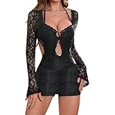 ksotutm Women's Sexy Lace Jumpsuit Slim Fit Long Sleeve Short One Piece Jumpsuit Backless Bodycon