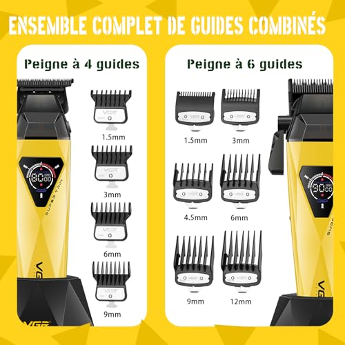 VGR 877S3 Professional Men's Hair Clipper Set, Titanium Coated Cordless Shaver, Trimmer Finish Set with 8000/9000 RPM Motor, Men's Hair Styling Kit with Charging Station, LED Display, Gold