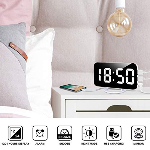 Lamisola Digital Alarm Clock, Large LED Mirror Display, 2 USB Charging Ports，Auto Dim Mode