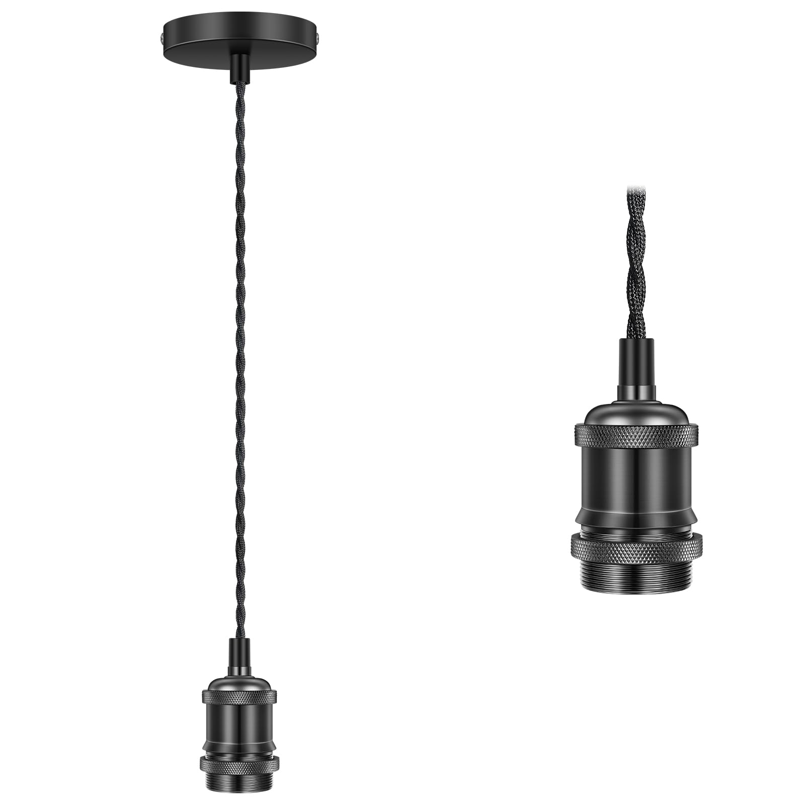 Licperron Vintage Pendant Light Fitting Kit, Braided Flex Ceiling Lamp, E27 Light Fitting Kit - Silver Black. 1pack