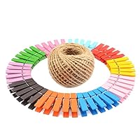 COOLAKE Colored Wooden Clothespins 100Pieces Mini Paper Peg Graft Clips 3.5CM Decorating with Natural Jute Twine 100 Feet for Pictures Strings Clothes Pins Art Craft Photo Hanging