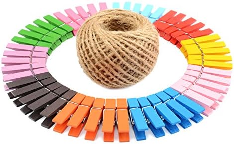 COOLAKE Colored Wooden Clothespins 100Pieces Mini Paper Peg Graft Clips 3.5CM Decorating with Natural Jute Twine 100 Feet for Pictures Strings Clothes Pins Art Craft Photo Hanging