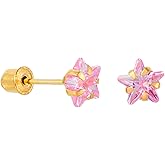 14k REAL Yellow Gold Peg Head Set Pink Star Solitaire CZ Stud Earrings with Screw Back