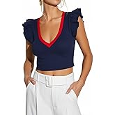Ezbelle Women's Summer Shirts V Neck Crop Tops Ribbed Knit Tank Ruffle Sleeveless Top Sexy Blouse Ladies Clothes 2026