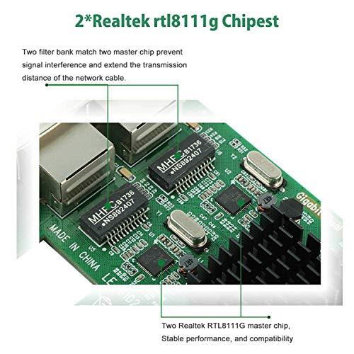 Ziyituod Gigabit Network Card, RJ45 2 Port Ethernet Card, PCI Express Network Interface Card, 10/100/1000Mbps, Dual Port with Realtek RTL8111 Chipset, Support Windows XP/7/8/10,Linux,NAS(No Software)