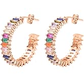 Savlano 14K Gold Plated Cubic Zirconia Multicolor Rainbow Round Hoop Stud Earrings for Women Comes with a Gift Box