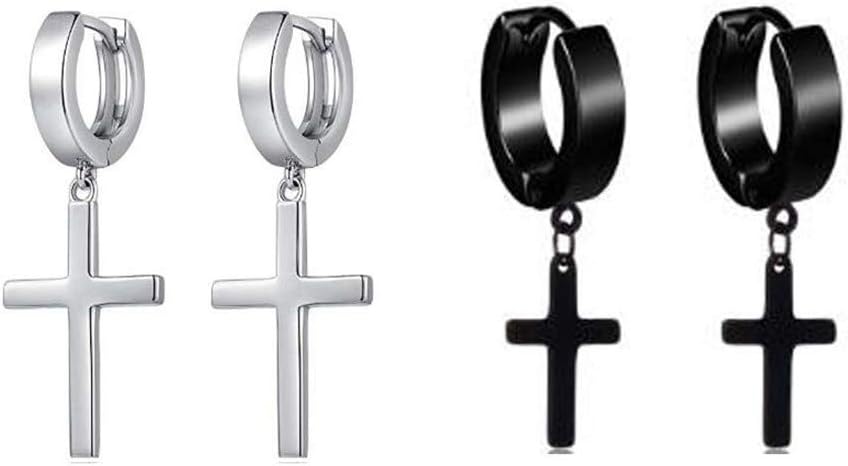 QKAIFRYSUG2 Pairs Fashion Sterling Silver Cross Dangle Earrings for Women Mens 1.2inch（Silver,Black）