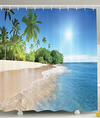 Ambesonne Ocean Shower Curtain Decor by, Tropical Palm Trees on a Sunny Island Beach Scene Panoramic View Picture, Fabric Bathroom Shower Curtain Set with Hooks, Blue Green White Multicolored