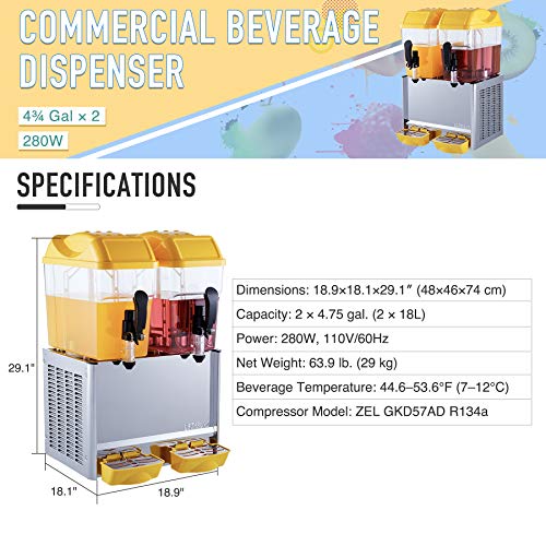 COZ 9.5 Gallon Commercial Drink Dispenser Machine, 280W Juice Machine Commercial with 2 Drink