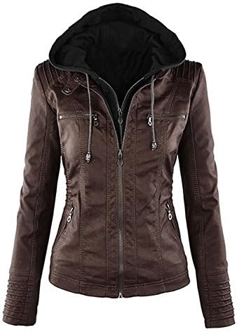 Tribangke Women's Hooded Faux Leather Motorcycle Jacket Detachable Full Zipper Outerwear
