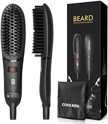 COOLKESI Ionic Beard Straightener for Men, Anti-Scald Hair Straightening Brush with Fast Heating, Portable Ceramic Heat Brush Comb for Home or Travel, Electric Dual Voltage (Black)