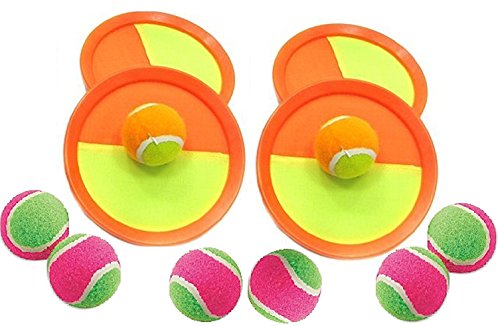 YMCtoys âš¾ Paddle Catch Ball and Toss Game Super Set - 4 Paddles + 8 Balls (Ball Sticks to Paddle) ORANGE