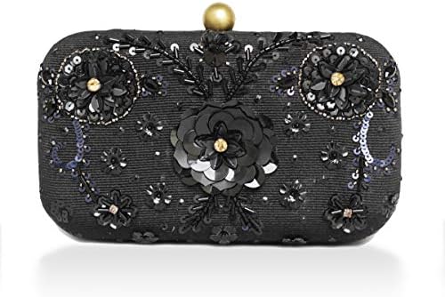 embroidered black gold floral evening party clutch for women