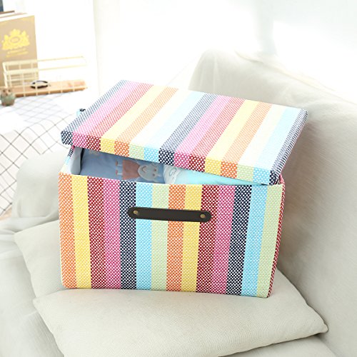 Large Fabric Storage Box with Lid and Leather Handles by Tegance,Decorative Collapsible Storage Bin for Office, Home, Closet, Toys Rainbow Color 16x11x10.6 Inch (16(L) x11(W) x10.6(H))