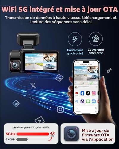 REDTIGER 4K 3 Channel 5G WiFi Car Dashcam with 64GB Map Built-in GPS, 2160P+1080P+1080P Front, Rear and Indoor, Triple with 3 Inch Screen, IR Night Vision, Parking Mode