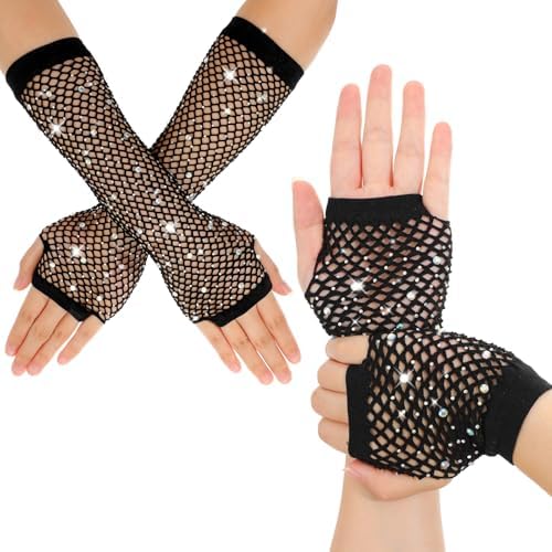 Guantes De Malla Sin Dedos Para Mujer | Largos Y Brillantes Para Fiestas De Los 80, Halloween Y Cosplay, Talla Única De Nylon Transpirable
