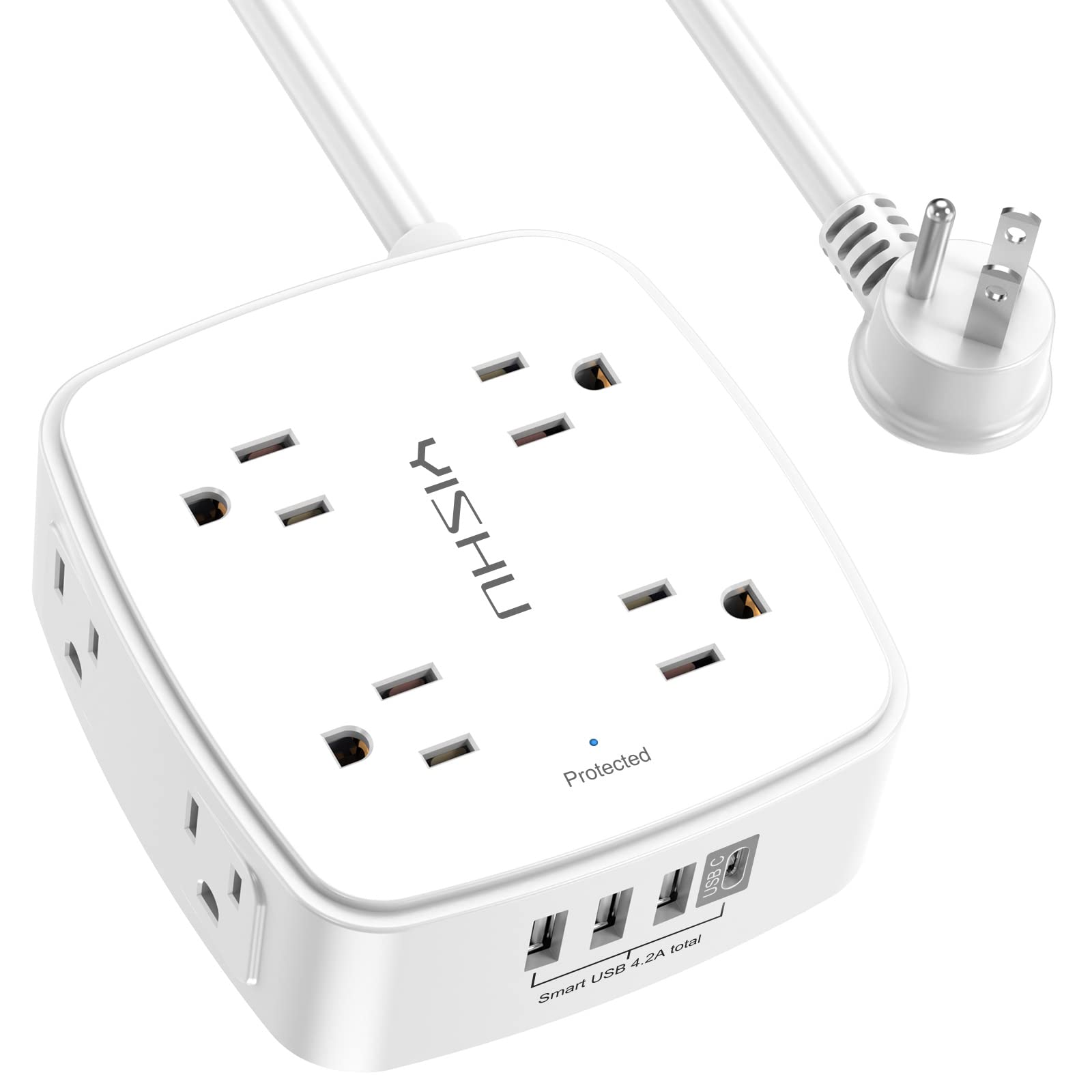 Photo 1 of 10 Ft Surge Protector Power Strip - YISHU 3 Side Outlet Extender with 8 Widely AC Outlets and 4 USB Ports, 10 Feet Extension Cord with Flat Plug, Wall Mount Desk USB Charging Station, ETL,White
