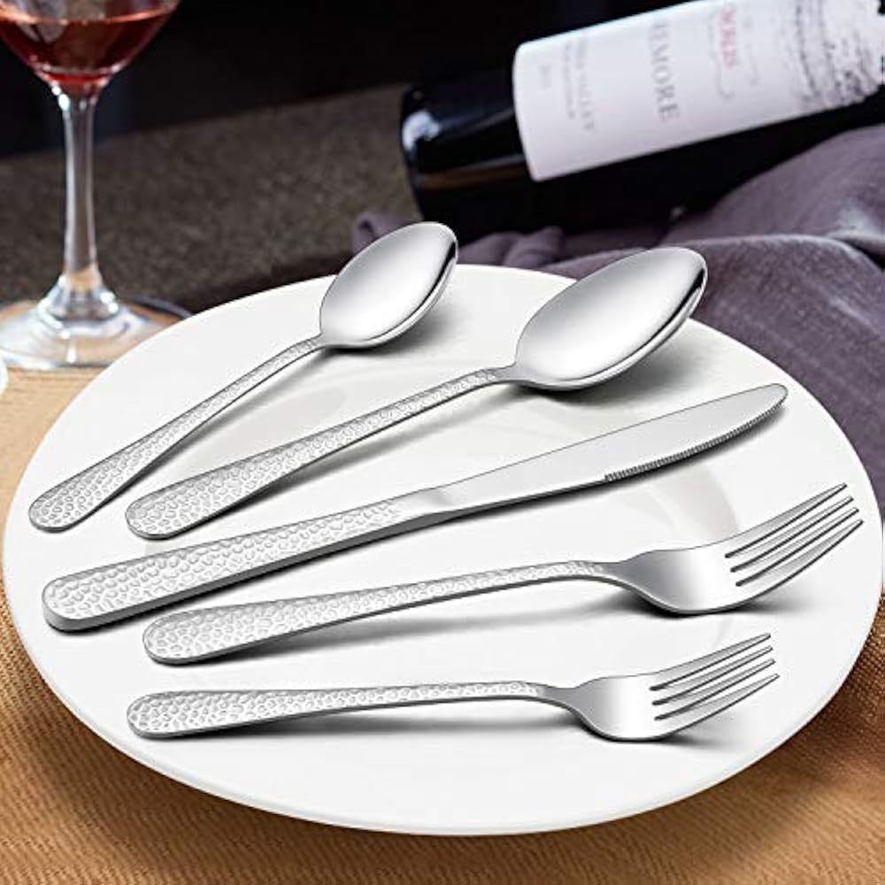 Silverware Flatware Sets For 12, 60Piece Hammered Set, Stainless Steel