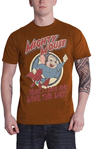 Mighty Mouse T Shirt Here I Come To Save The Day Logo Official Mens Brown