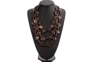 SEWACC Bohemian Shell Necklace Wood Bead Statement Collar Necklace Chunky Layered Necklace Handmade Beaded Long Necklace for Women
