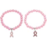 GIKILEE Breast Cancer Bracelets Pink Ribbon Inspirational Awareness Bracelets Imitation Pearl Encouragement Gift