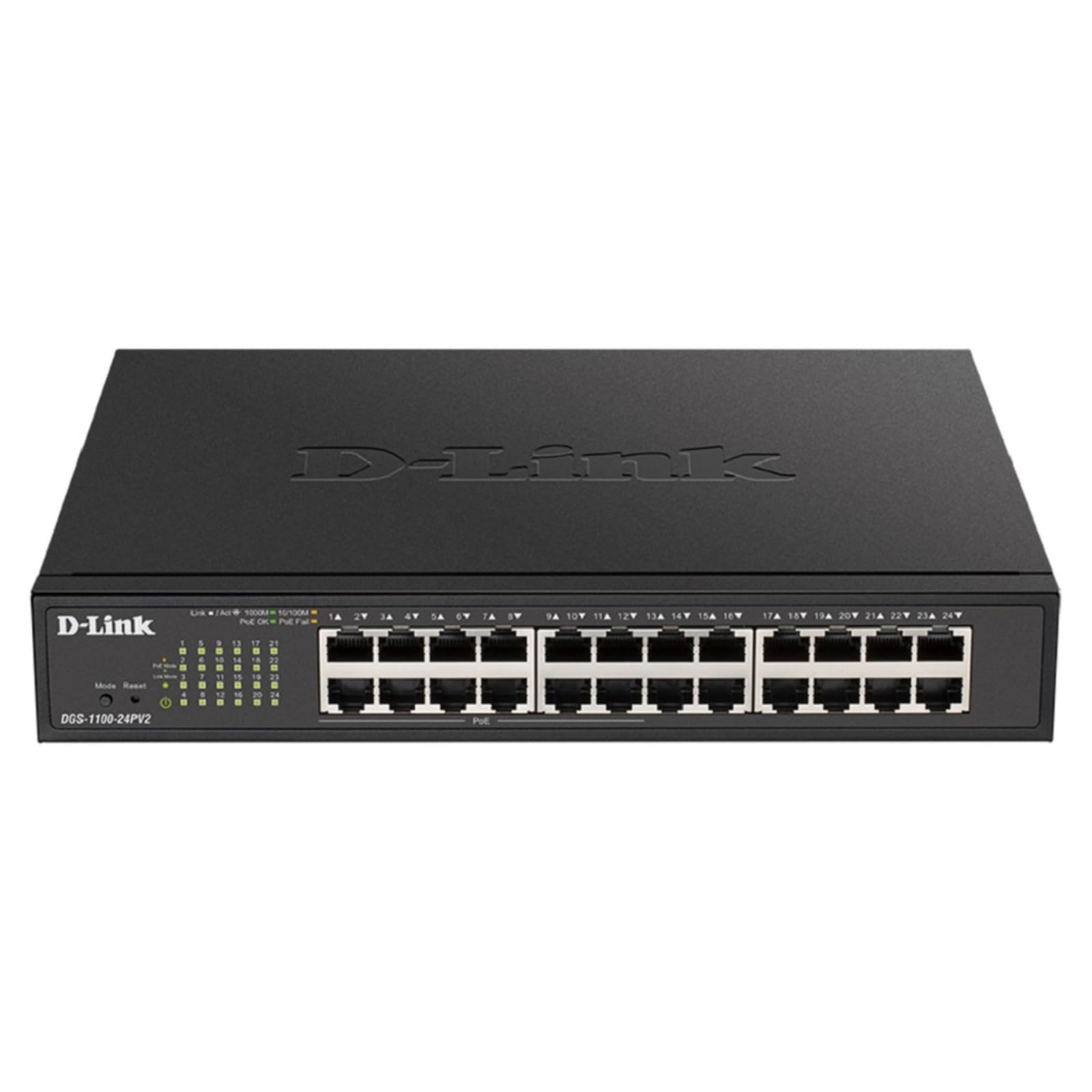 D-Link DGS-1100-24PV2 - 24-Port Gigabit PoE Smart Managed Switch with 12 PoE Ports, 100W PoE power budget, 802.3af/at, VLAN support, layer 2 features, QoS, 802.3az EEE, Fanless, Black