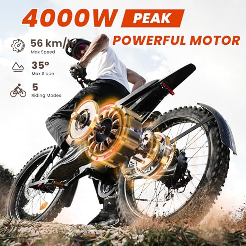 Flydone Electric Dirt Bike for Adults, 𝟰𝟬𝟬𝟬𝗪 𝗣𝗲𝗮𝗸 Motor, 56 km/h Max Speed, 104+ km Range, 19" Fat Tires, Hydraulic Disc Brakes
