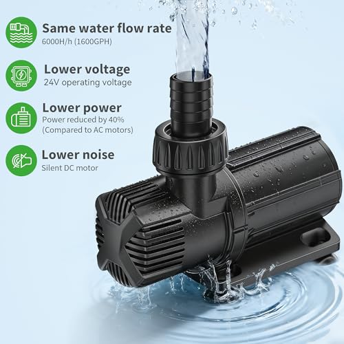 POPOSOAP 6000 L/h DC Pond Pump, Safe Low Voltage Quiet Fountain Pump with AC/DC Converter, 4 Hose Adapters for Garden Ponds, Aquariums, Fountains, Water Features
