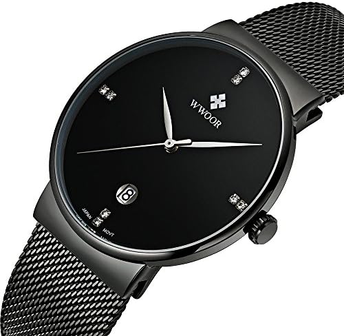Mens Military Watches Black Dial Quartz Wrist Watch Analog Classy Dress Watches for Men Mesh Steel Band
