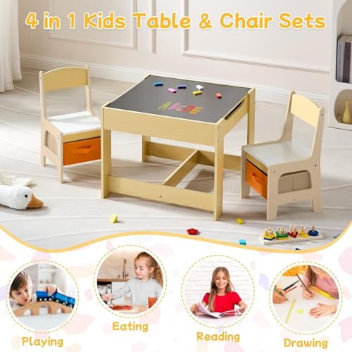AM ANNA Kids Table and Chair Set, 3 in 1 Wooden Activity Table with Storage Drawer for Toddlers Drawing, Playroom,Reading, Crafts, 2 in 1 Detachable Tabletop Table Set for Nursery, Playroom (Beige)