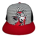 DC Comics Men's Harley Quinn Sublimated Patch Flat Brim Snap Back, Black/White, One Size