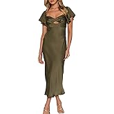 Summer Satin Flutter Sleeve Wedding Guest Dresses for Women Sweetheart Neckline Cutout Tie Back Midi Cocktail Dress