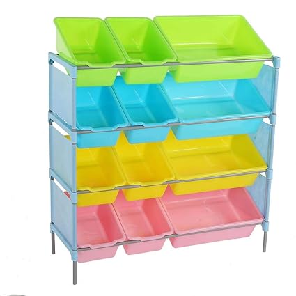 Zoternen Toy Storage Rack 4 Tier Storage Unit With 12 Plastic