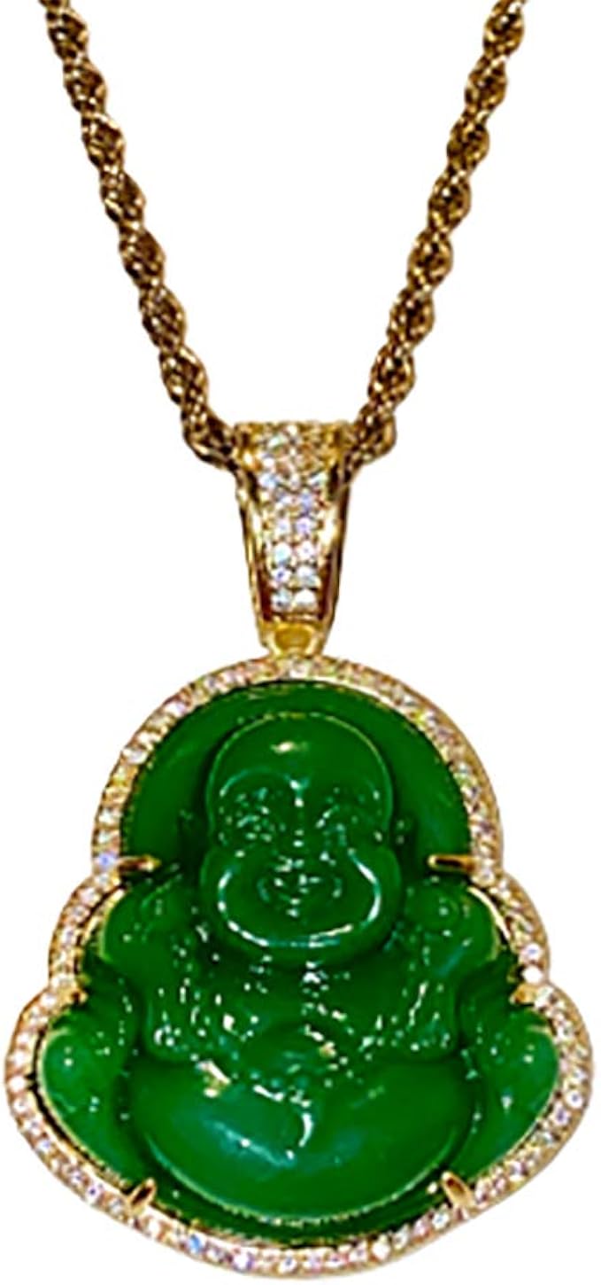 Iced Laughing Buddha Green Jade Pendant Necklace Rope Chain