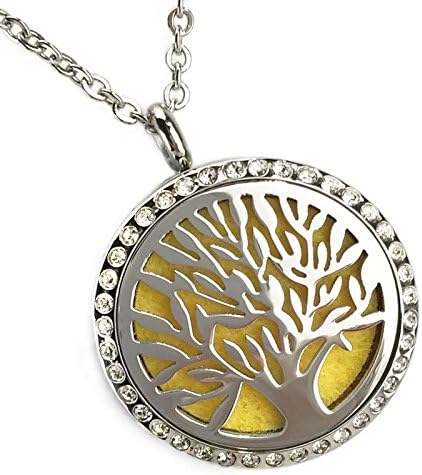 Sweet Soul Designs Aromatherapy Necklace Locket Diffuser for Essential Oils - Stainless Steel Tree of Life Design with Crystals, Adjustable Chain