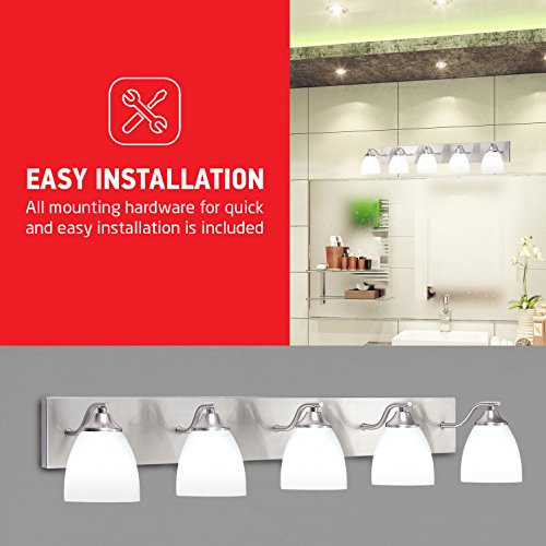 OSTWIN 5-Light Bath Bar Light Up or Down, Interior Bathroom Vanity Wall Lighting Fixture VF42, 5x60 Watt E26 Socket, Satin Nickel Finish with Opal Oval Cone Glass Shade, UL Listed