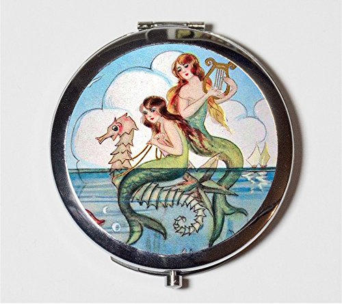 Mermaid Harp Compact Mirror Edwardian Seahorse Siren Nautical Make Up Pocket Mirror for Cosmetics