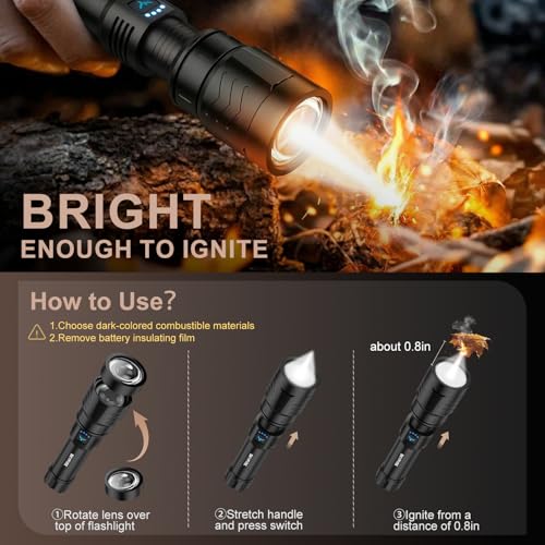 SKYFIRE High Power LED Flashlights 900000 Lumens, USB Rechargeable LED Flashlight, Powerful Flashlight with Ignition Lens, Tactical Flashlight 4 Modes for Emergencies/Camping/Hiking
