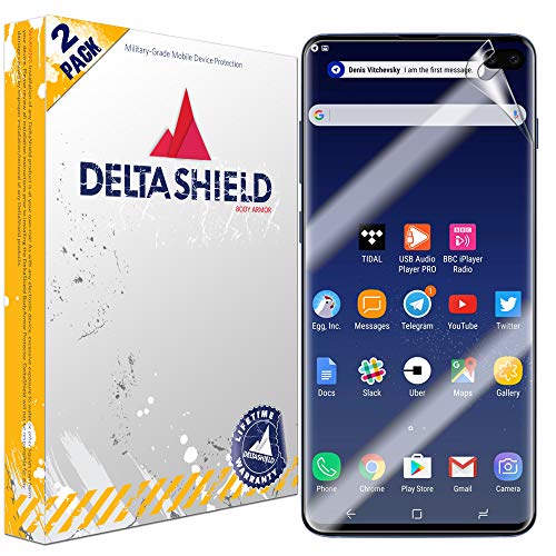DeltaShield Screen Protector for Samsung Galaxy S10 Plus (S10+ 6.4 inch)(2-Pack)(Case Compatible Design) BodyArmor Anti-Bubble Military-Grade Clear TPU Film