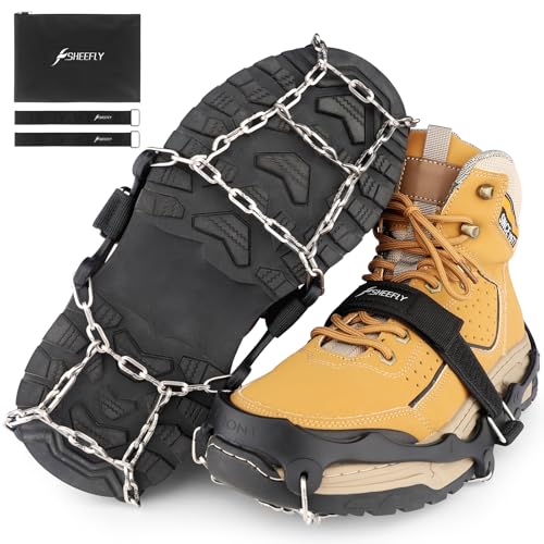 SHEEFLY Steigeisen, Eisgriffe für Schuhe und Stiefel, verbesserte rutschfeste Schneeketten, Eisklampen mit verstellbaren Riemen, Schneegriffe, Eistraktionsklampe für Damen und Herren, perfekt zum