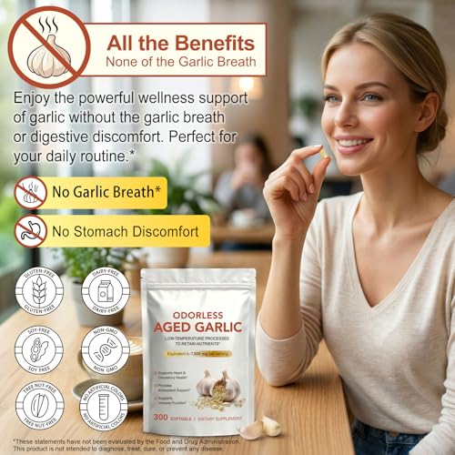 Odorless Aged Garlic Extract | Aged Garlic Extract Capsules | 300 Softgels | 15:1 Concentrated Formula Equivalent to 7,500mg Garlic | Supports Heart & Immune Health | Non-GMO, Gluten-Free