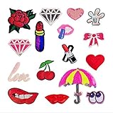 16 Pcs Iron On Embroidered Sequins Glitter Patch Set-Rose Diamond Love Heart Red Lips Lipstick Cherry Underbrella Eyeball Patch …