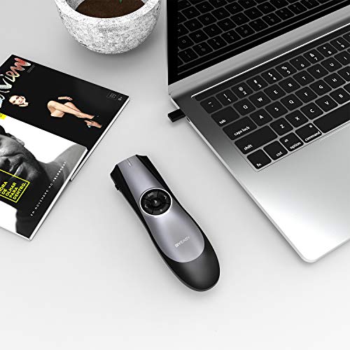 BYEASY Presentation Clicker with Green Laser and Volume Control, RF 2.4GHz Wireless Presenter Remote 100 FT with case, USB PPT Clicker for Google Slides, PowerPoint and More